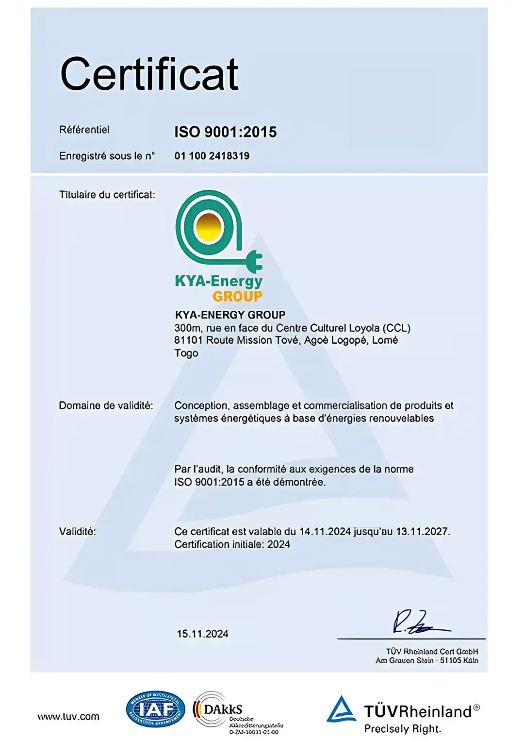 ISO 9001 Certification KYA-Energy Group